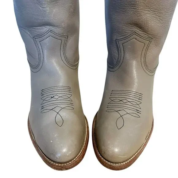 Frye Vintage Taupe Tan Leather Almond Toe Mid Calf Cowgirl Boots 9.5 - Picture 5 of 11